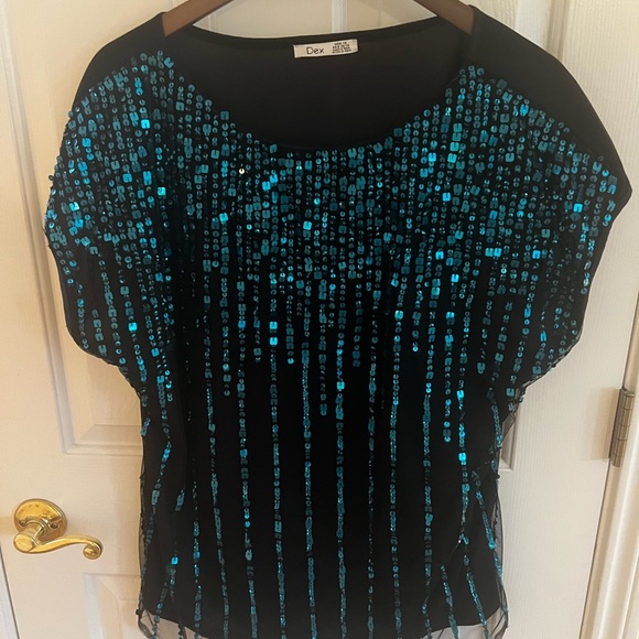 Dex Tops - Dex Black Top with Teal Blue Sequins. NWOT.